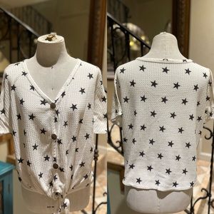 Waffle Knit Star Print Tie Front Shirt (XL)